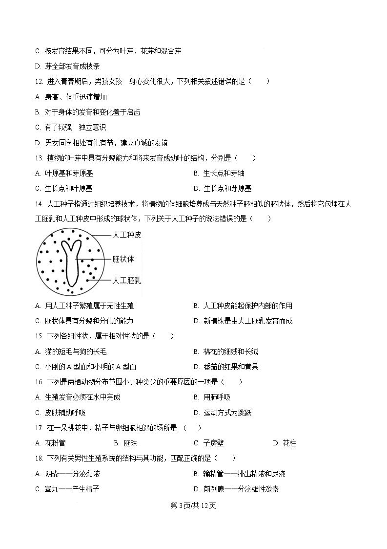山东省济南市济阳区2024-2025学年八年级上学期期中生物学试题第3页