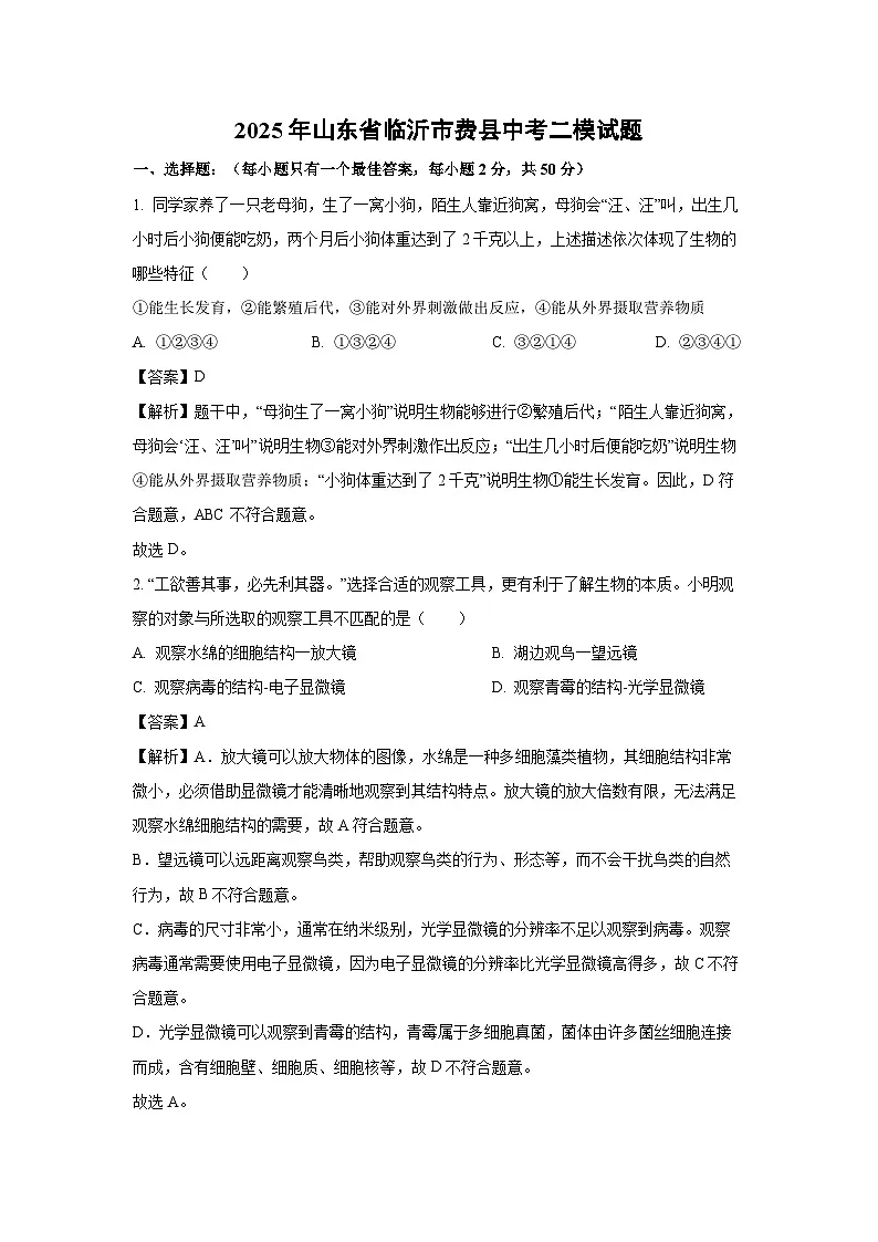2025年山东省临沂市费县中考二模生物试题（解析版）第1页