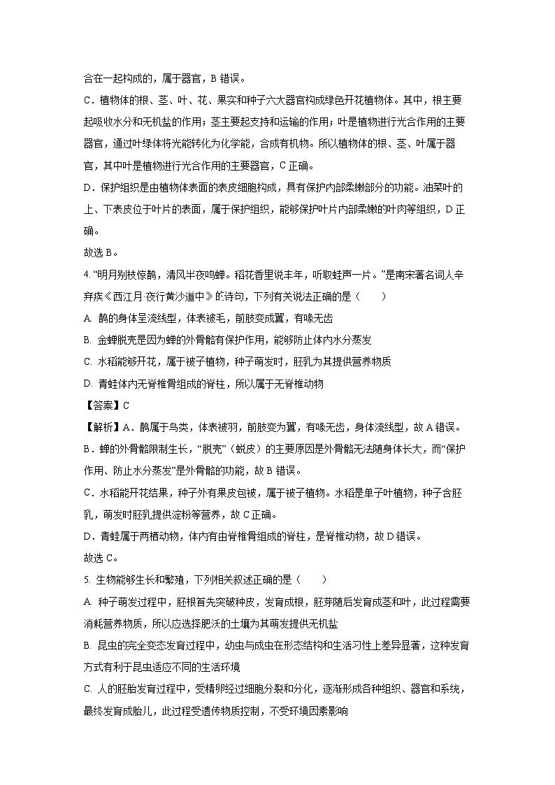 2025年山东省泰安市岱岳区八年级中考三模生物试题（解析版）第3页