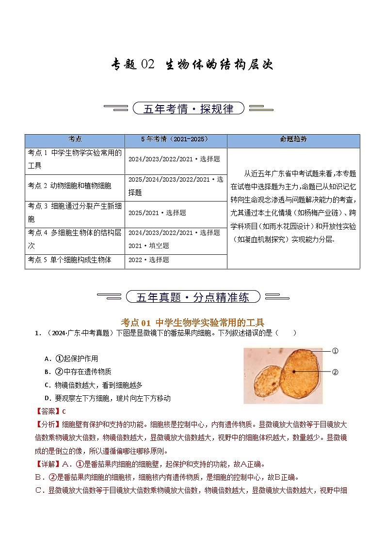 专题02 生物体的结构层次（广东专用） （解析版）【好题汇编】5年（2021-2025）中考1年模拟生物真题分类汇编（广东专用）第1页