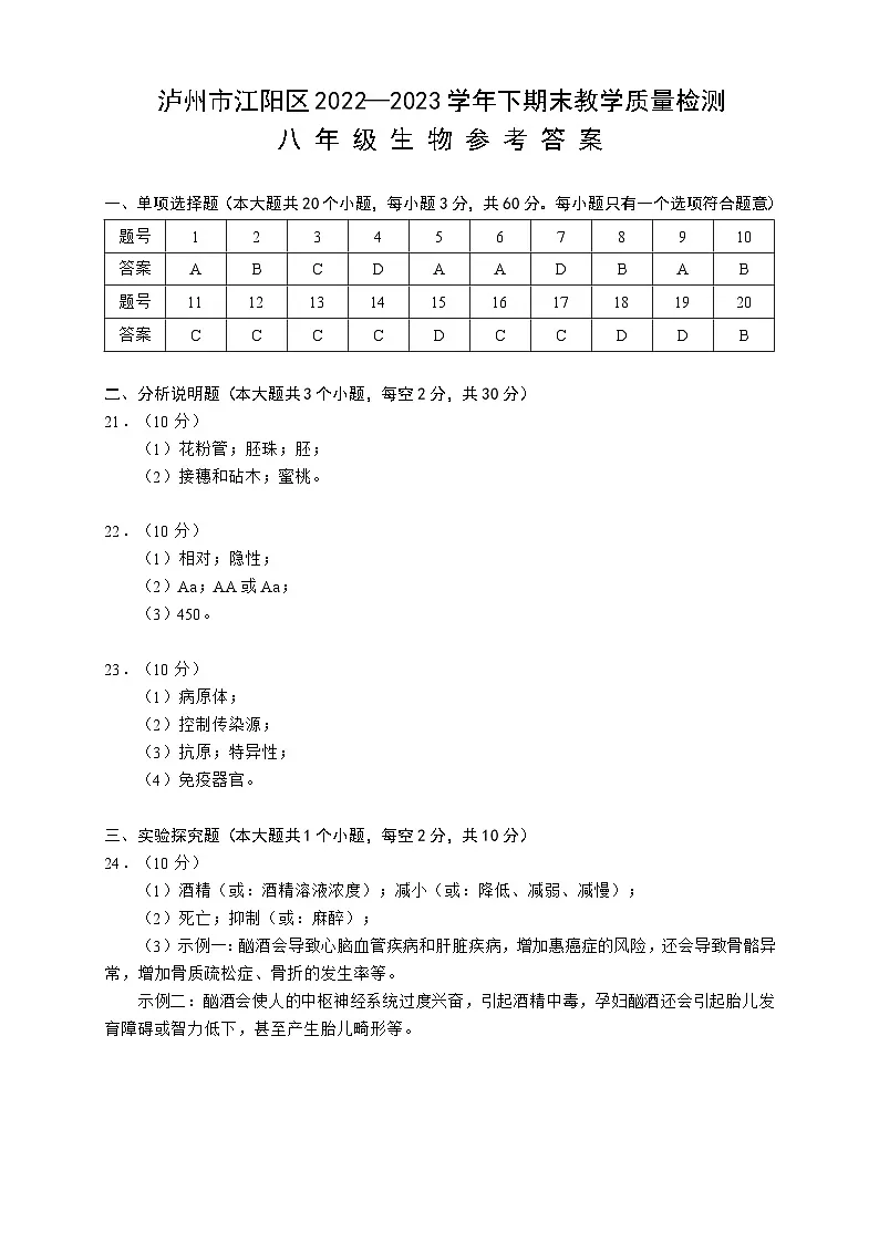 四川省泸州市江阳区2022-2023学年八年级下学期期末考试生物试题（答案）第1页