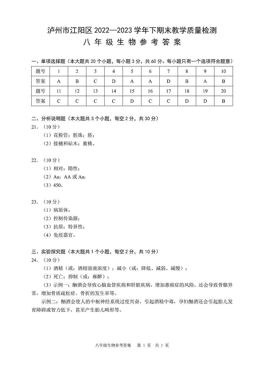 四川省泸州市江阳区2022-2023学年八年级下学期期末考试生物试题（答案）第1页