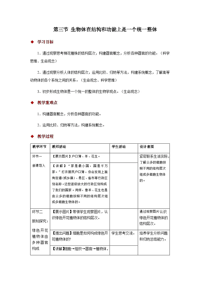 2.3 生物体在结构和功能上是一个统一整体 教案第1页