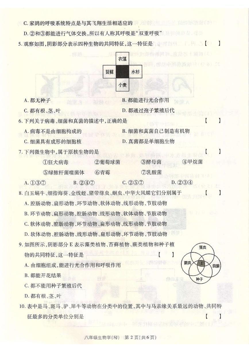 河南省平顶山市宝丰县名校联盟2024-2025学年八年级上学期9月月考生物试题第2页