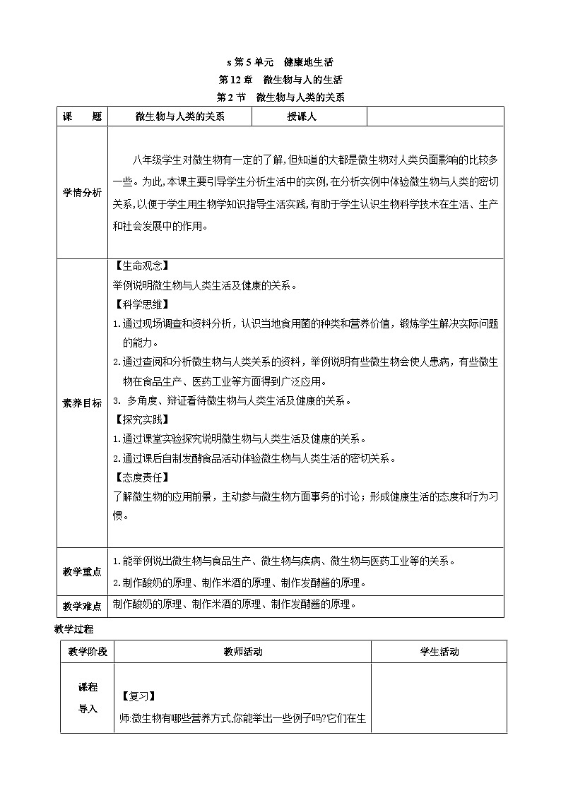 北师大版（2024）生物八年级上册 12.2 微生物与人类的关系（表格式教案）第1页