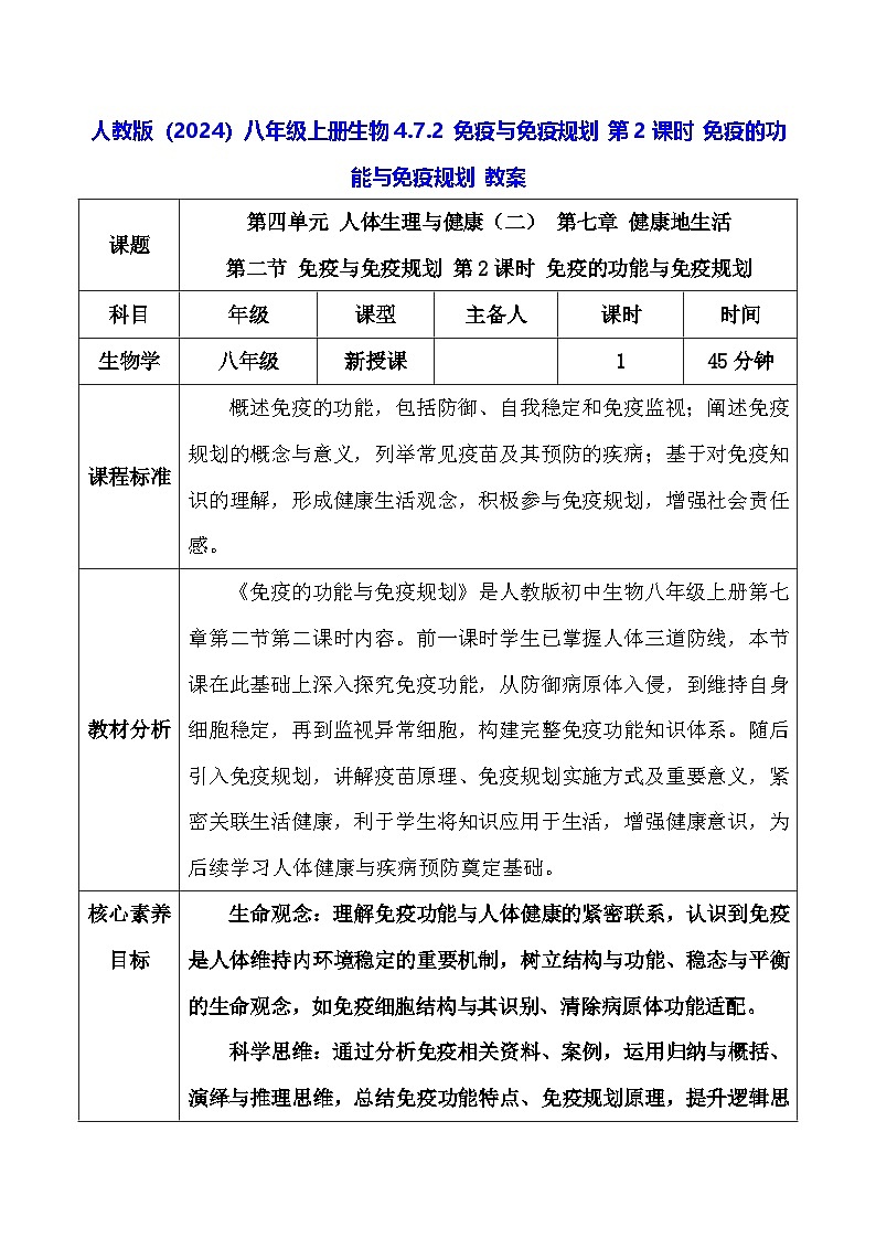 人教版（2024）八年级上册生物4.7.2 免疫与免疫规划 第2课时 免疫的功能与免疫规划 教案第1页