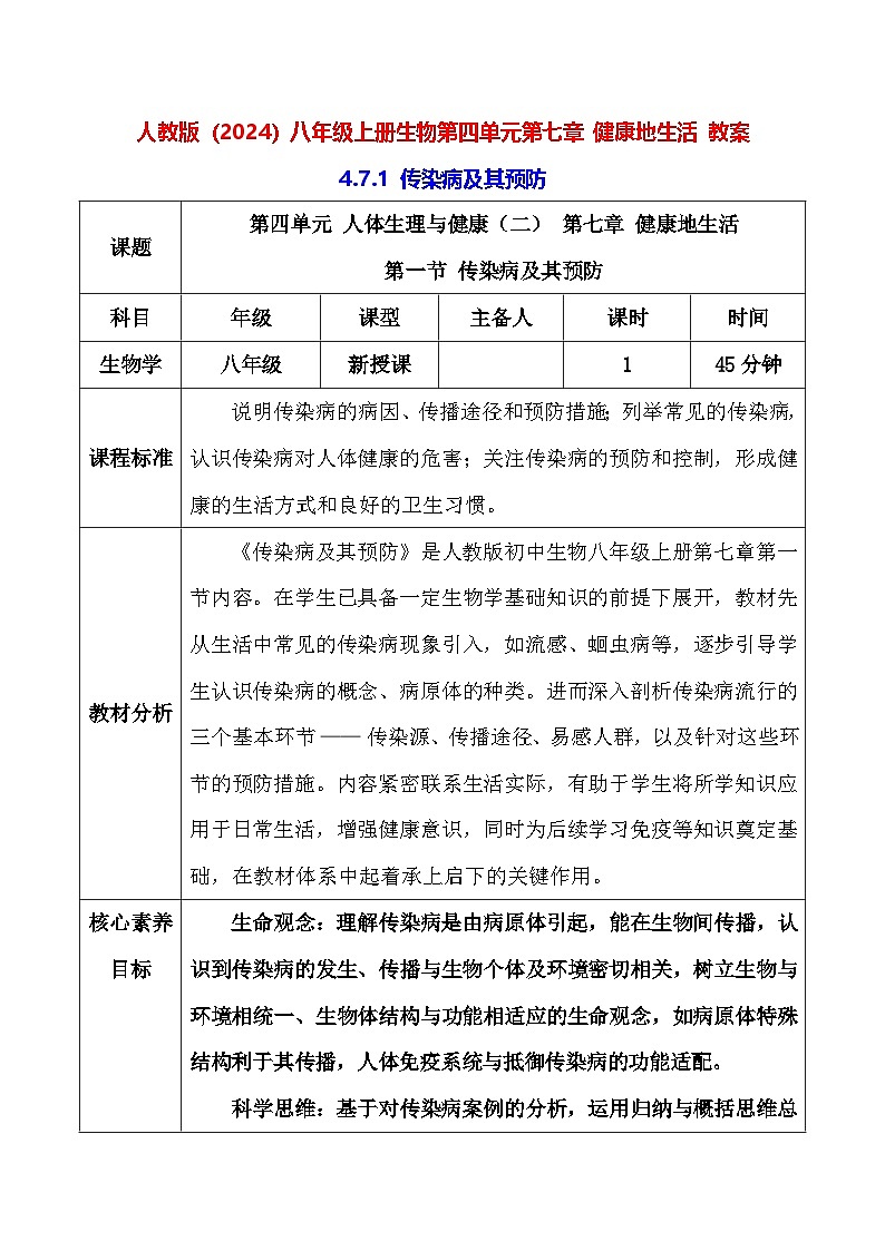 人教版（2024）八年级上册生物第四单元第七章 健康地生活 教案第1页