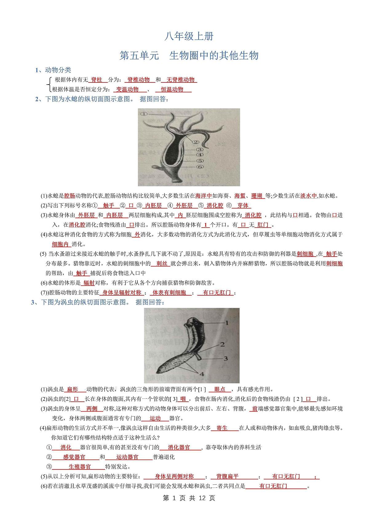 八年级上册生物期末考点填空学案第1页