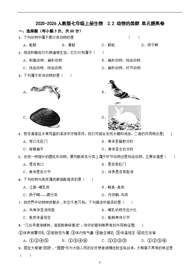 2025-2026人教版七年级上册生物 2.2 动物的类群 单元提高卷（有答案）第1页