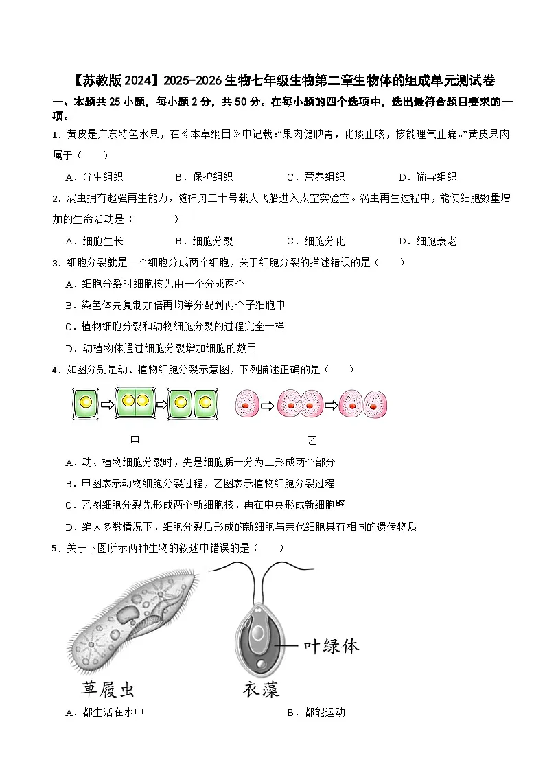 【苏教版2024】2025-2026生物七年级生物第二章生物体的组成单元测试卷（有答案）第1页