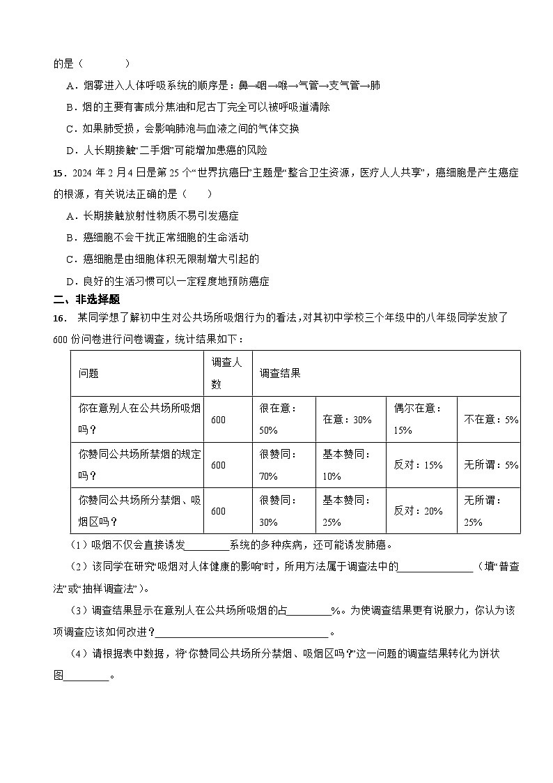 2025-2026人教版八年级上册生物 4.7.4 选择健康的生活方式 同步练习（有答案）第3页