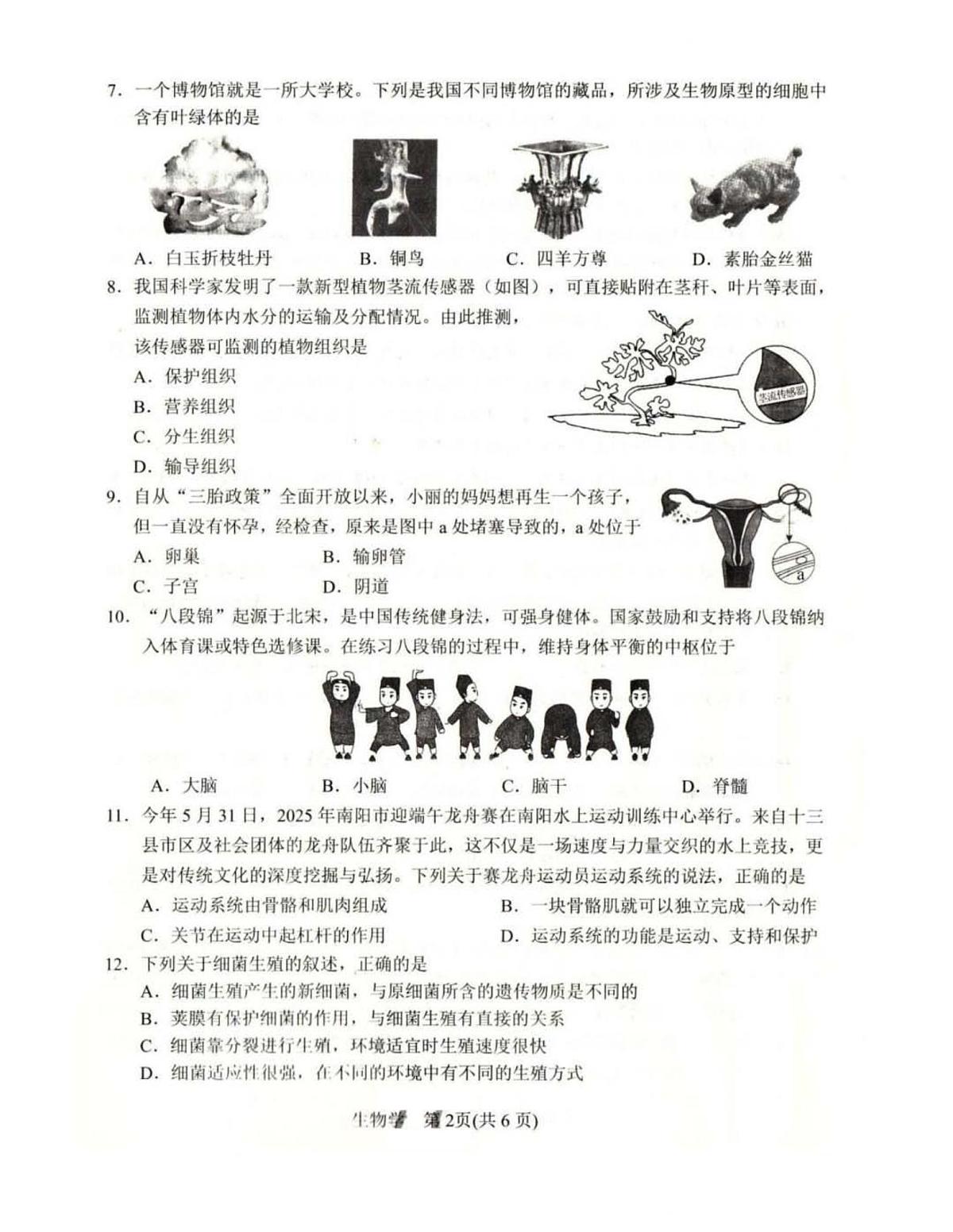 2025年河南省南阳市中考生物学真题试卷（有答案）第2页