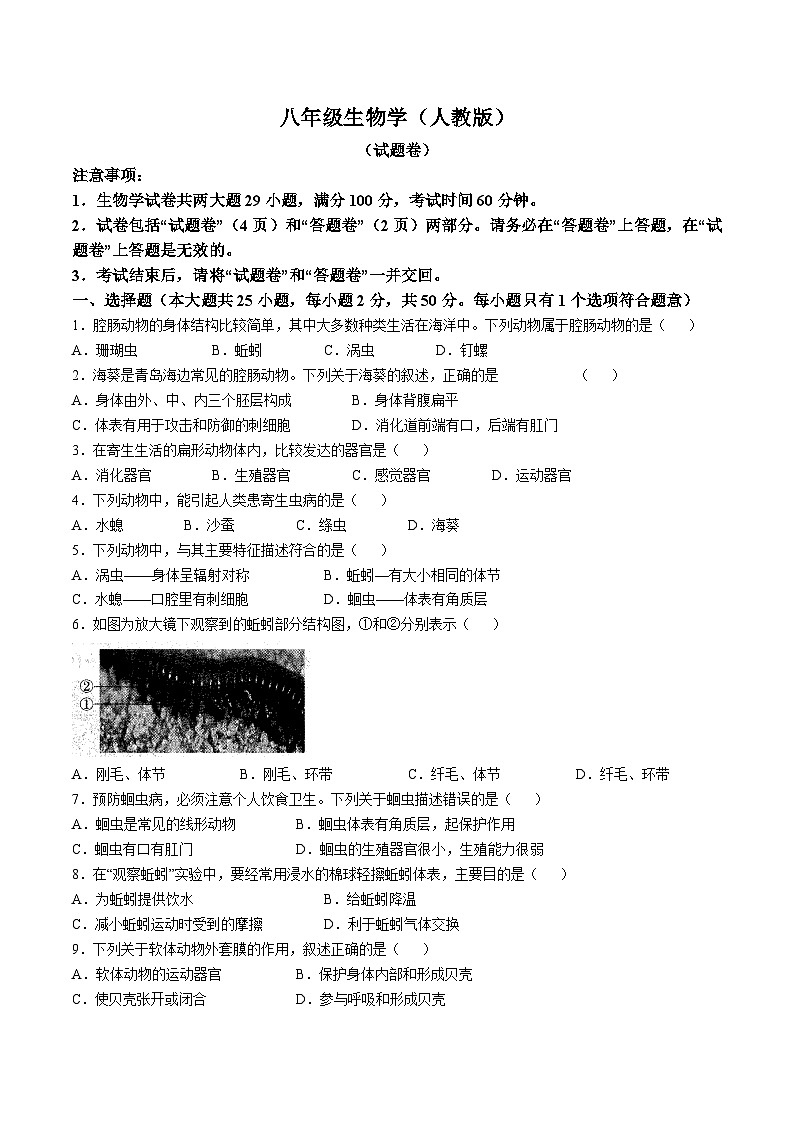 【8生（RJ）第一次月考】六安市霍邱县2024-2025学年八年级上学期10月月考生物试题第1页
