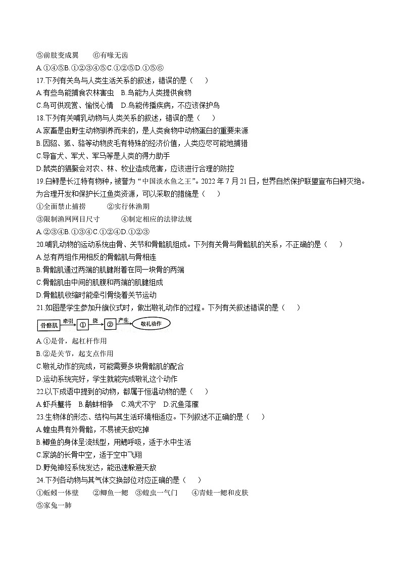 【8生（RJ）第一次月考】蚌埠市蚌山区G5教育联盟2024-2025学年八年级上学期10月月考生物试题第3页