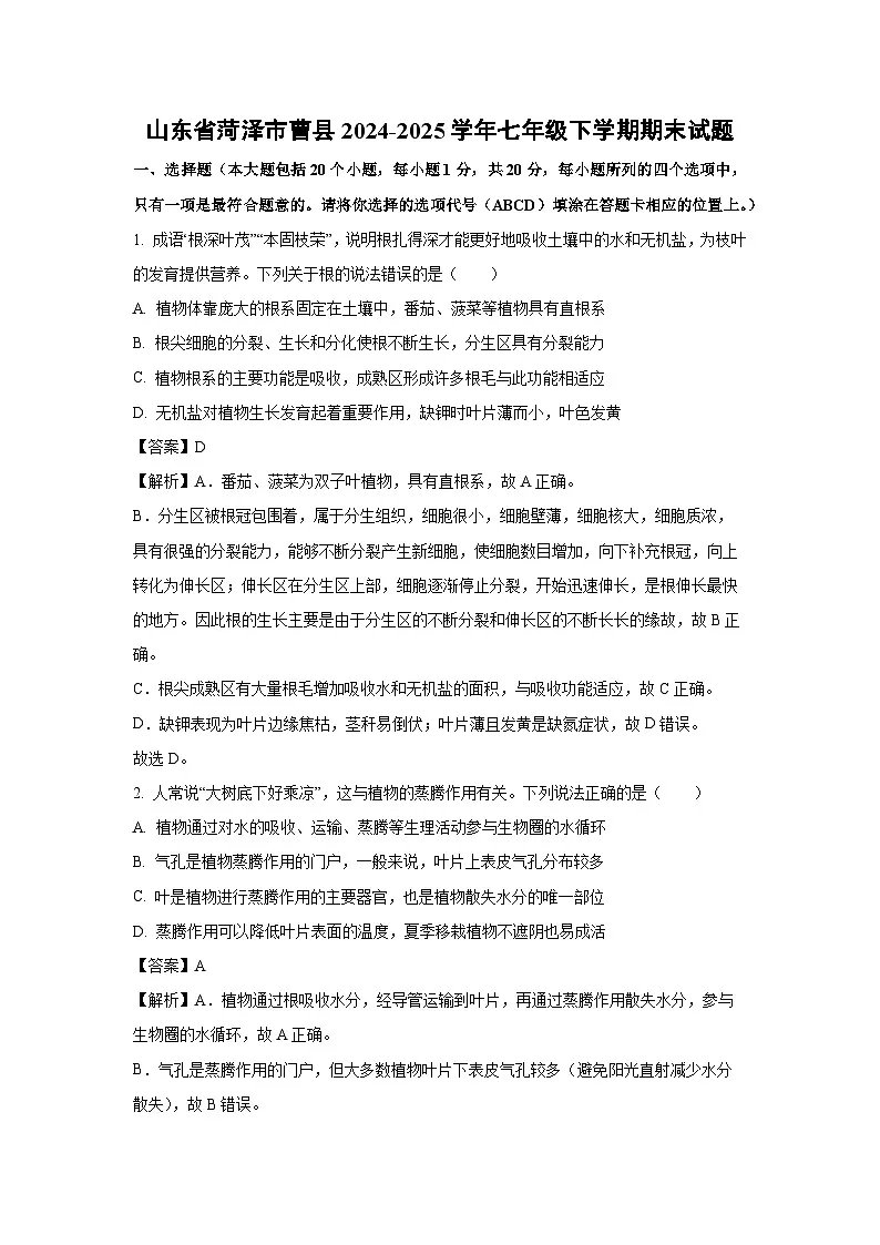 山东省菏泽市曹县2024-2025学年七年级下学期期末生物试卷（解析版）第1页