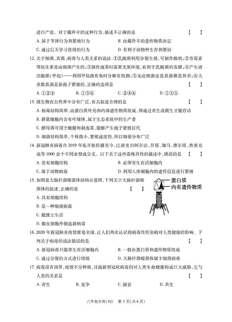 河南省永城市实验中学2023-2024学年八年级上学期第2次月考生物试卷第3页