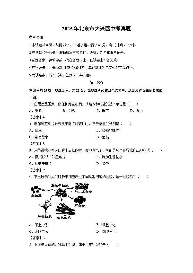 2025年北京市大兴区中考真题生物试卷（解析版）第1页