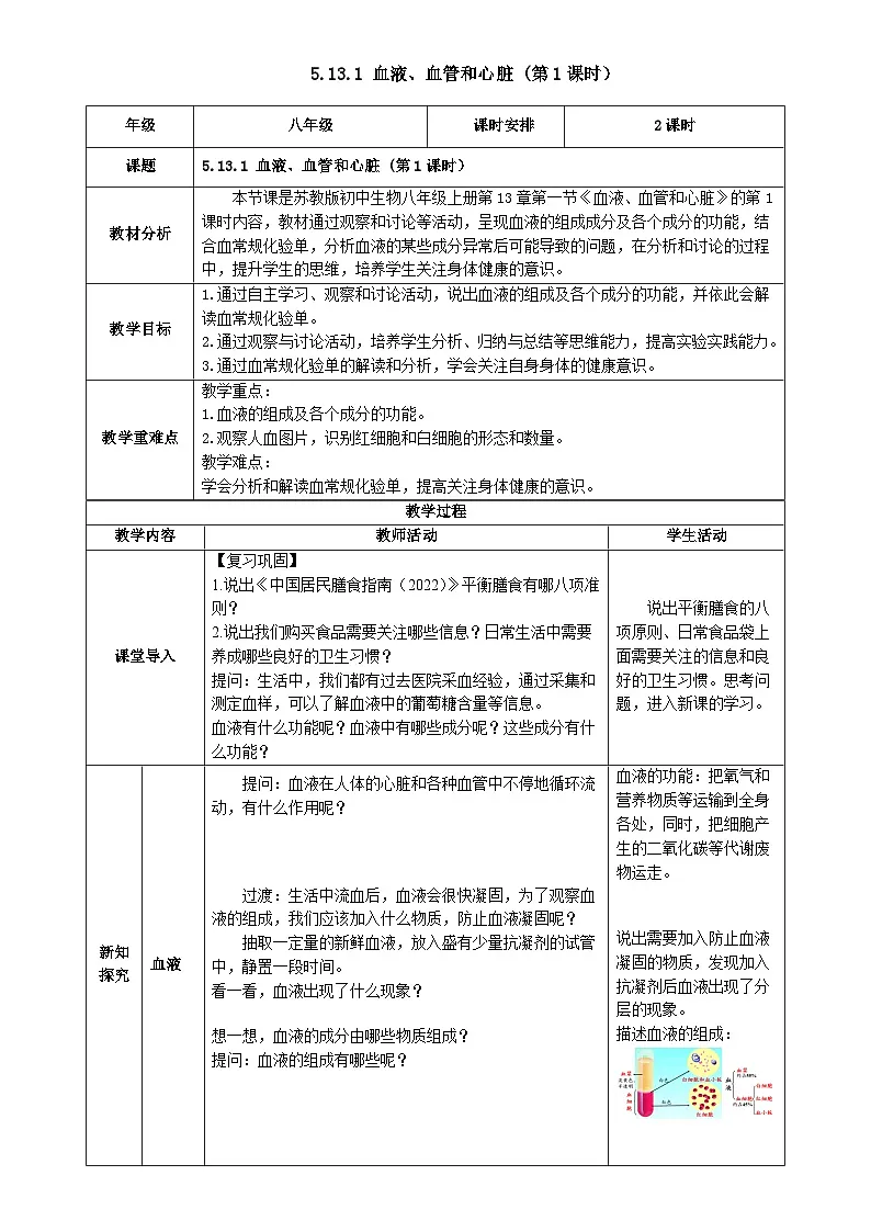 5.13.1 血液、血管和心脏 第1课时（教学设计）生物苏教版2024八年级上册 -A4第1页