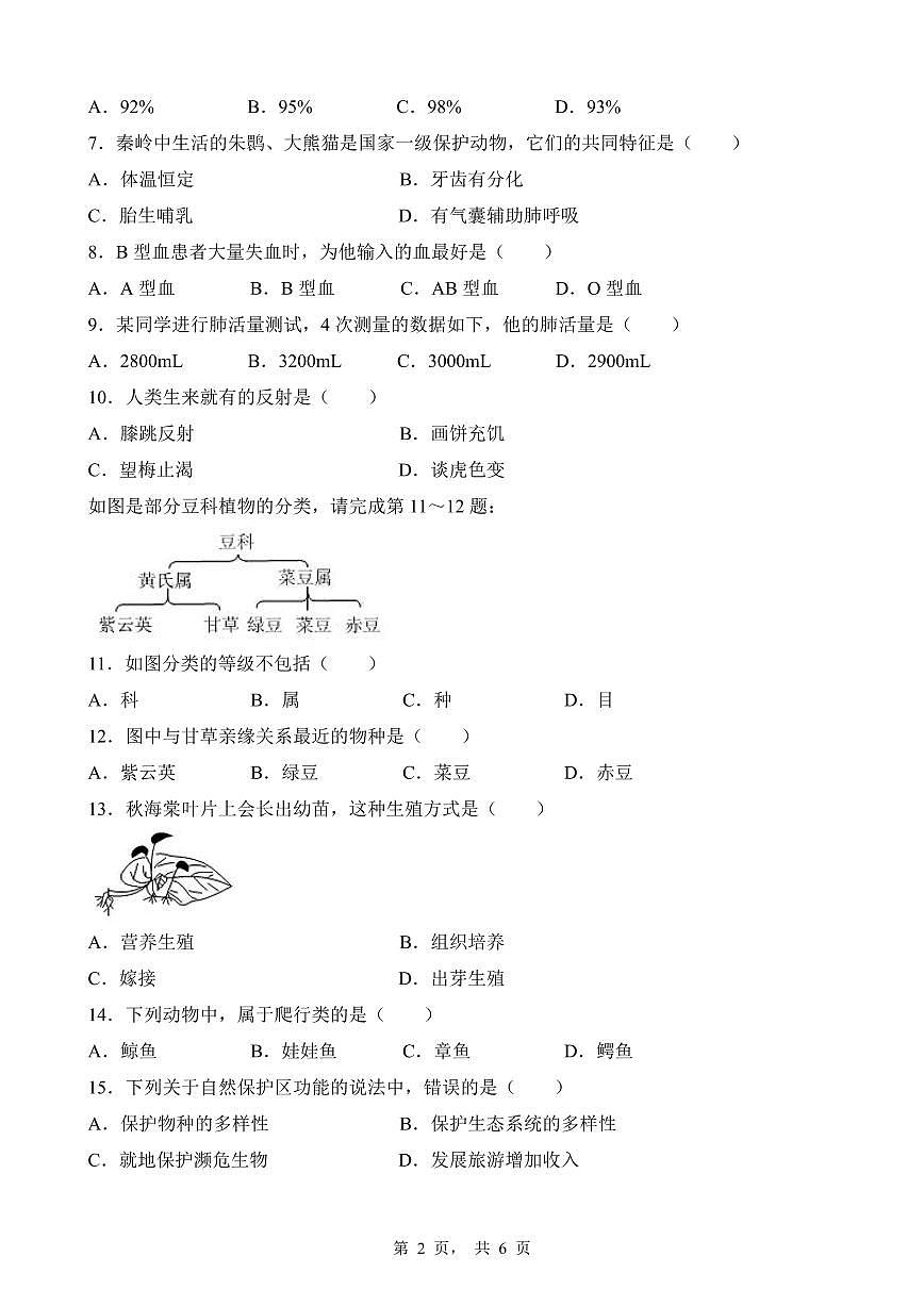 2025年江苏省常州市中考生物试卷（无答案）第2页
