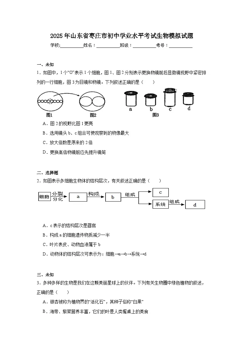 2025年山东省枣庄市初中学业水平考试生物模拟试题（无答案）第1页