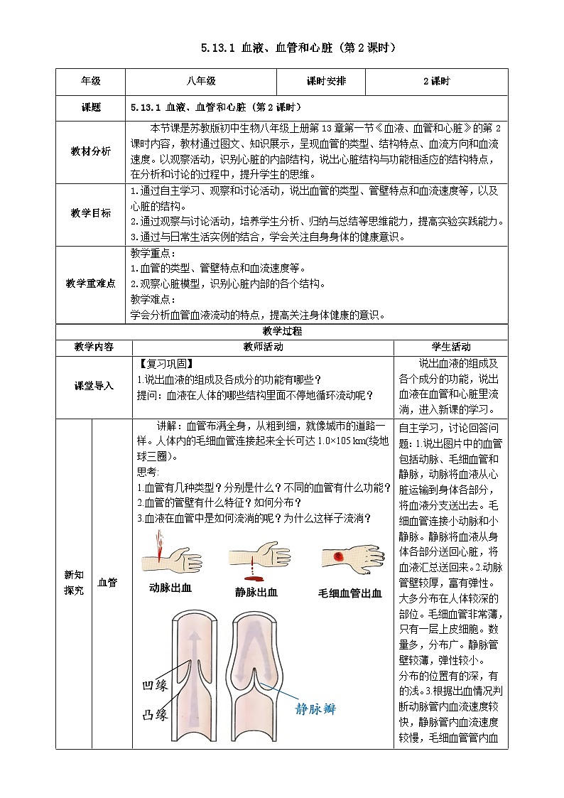 5.13.1 血液、血管和心脏 第2课时（教学设计）生物苏教版2024八年级上册-A4第1页