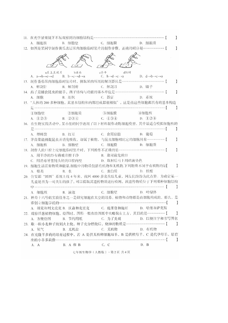 【7生（RJ）第一次月考】安庆市第二中学2024-2025学年七年级上学期第一次月考生物试卷第2页