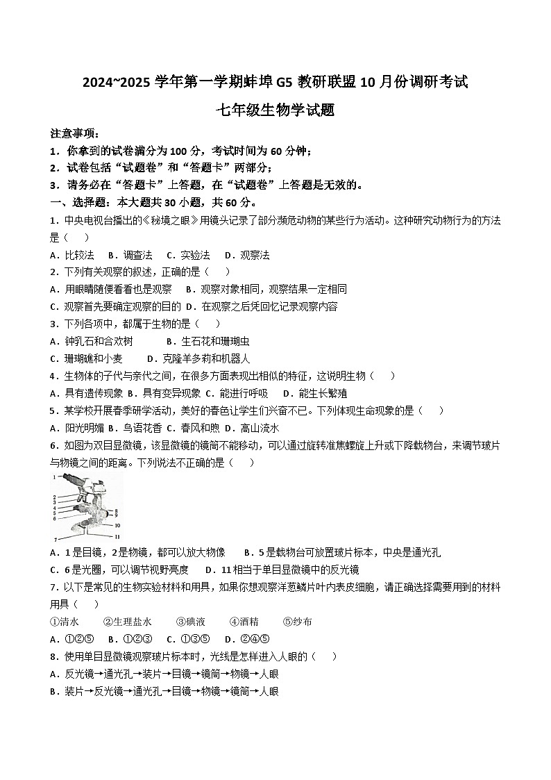 【7生（RJ）第一次月考】蚌埠市蚌山区G5教育联盟2024-2025学年七年级上学期10月月考生物试卷第1页