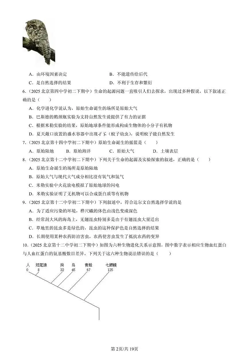 2025北京重点校初二（下）期中生物汇编：生命起源和生物进化章节综合 有答案解析第2页
