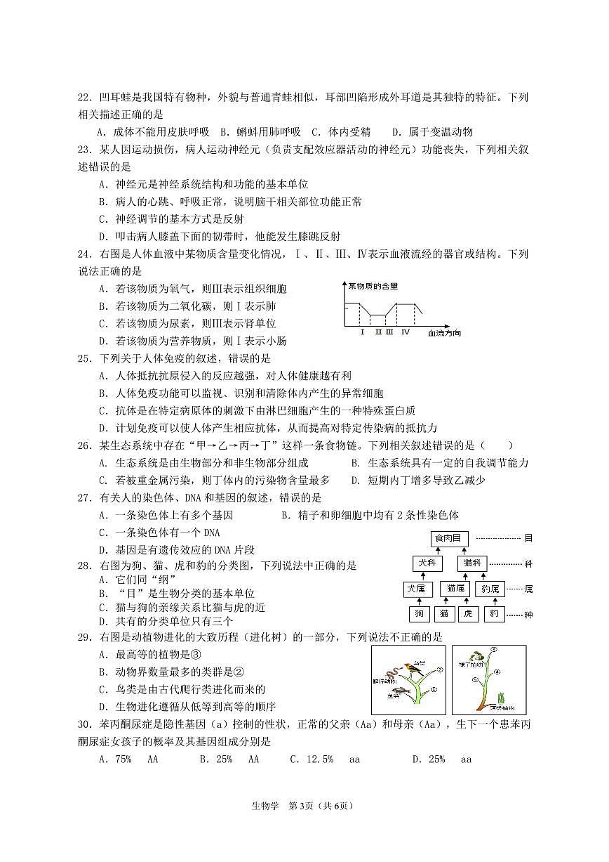海口市2025年初中学业水平考试模拟试题（二）（生物科）第3页