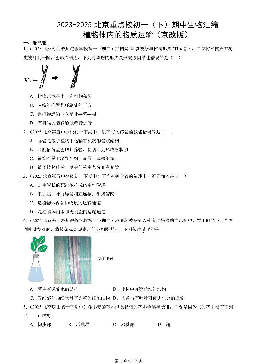 2023-2025北京重点校初一（下）期中生物汇编：植物体内的物质运输（京改版）第1页