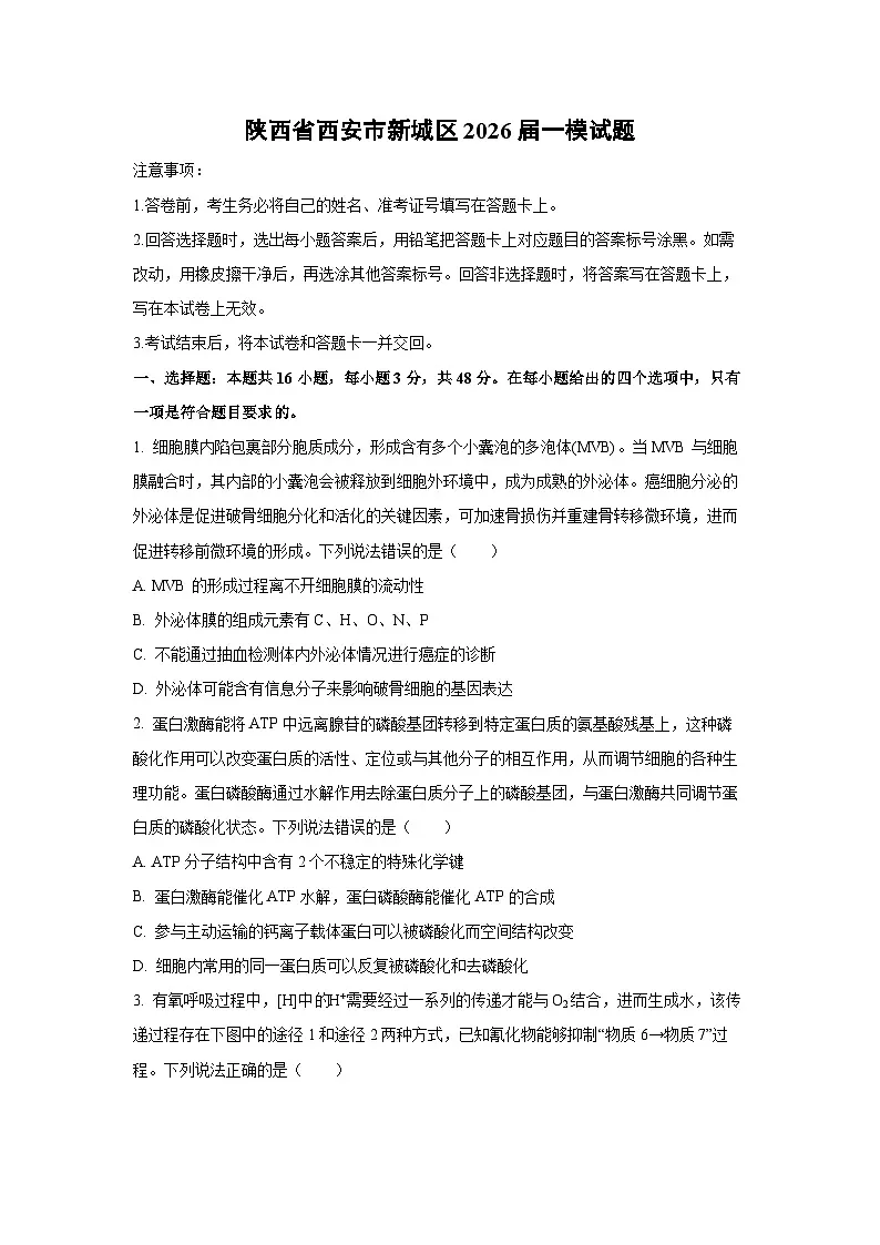 陕西省西安市新城区2026届中考一模生物试卷（学生版）第1页