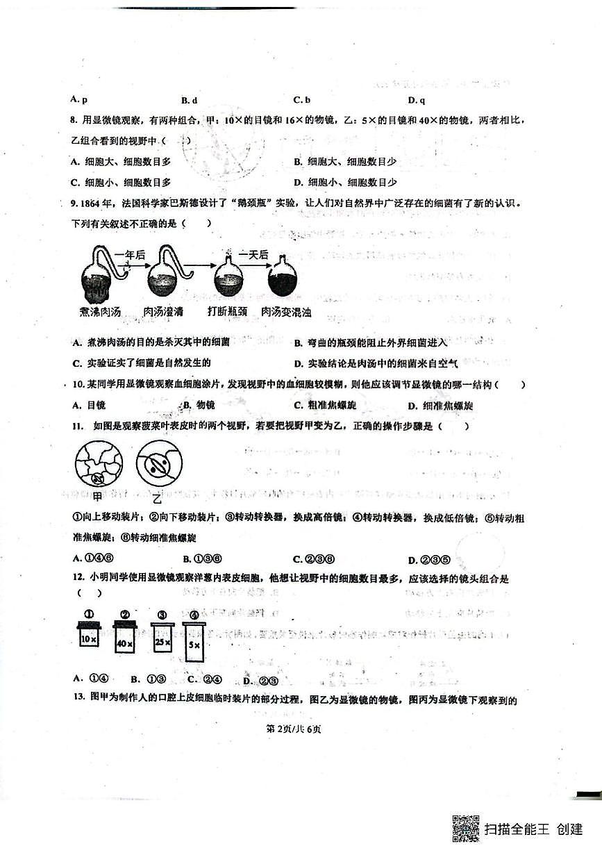 山东省菏泽市东明县第二初级中学2025-2026学年七年级上学期9月份月考生物试题、答案及解析 山东省菏泽市东明县第二初级中学2025-2026学年七年级上学期9月份月考生物试题第2页
