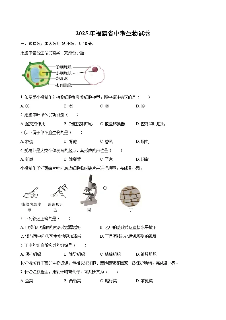 2025年福建省中考生物试卷（含详细答案解析）第1页