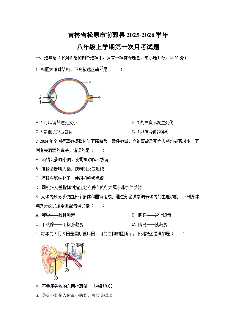 吉林省松原市前郭县2025-2026学年八年级上学期第一次月考生物试卷（学生版）第1页