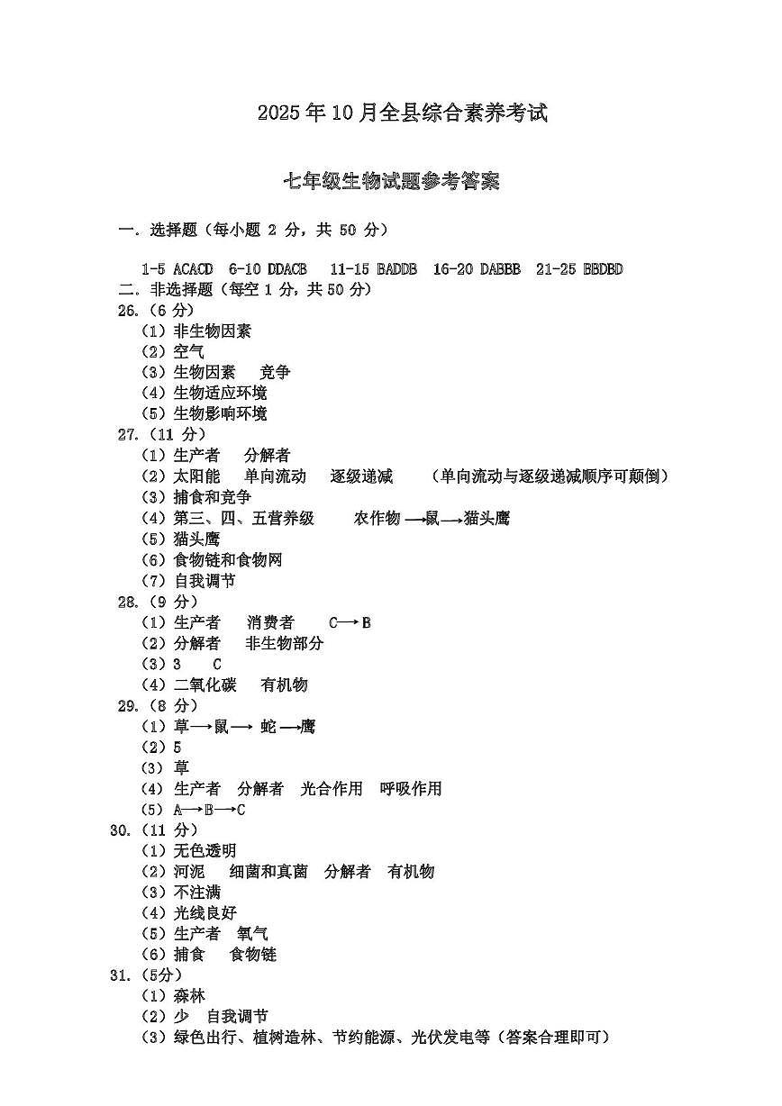 2025年10月东营市利津县垦利区综合素养考试七年级生物试题 2025年10月全县综合素养考试七年级生物试题参考答案第1页