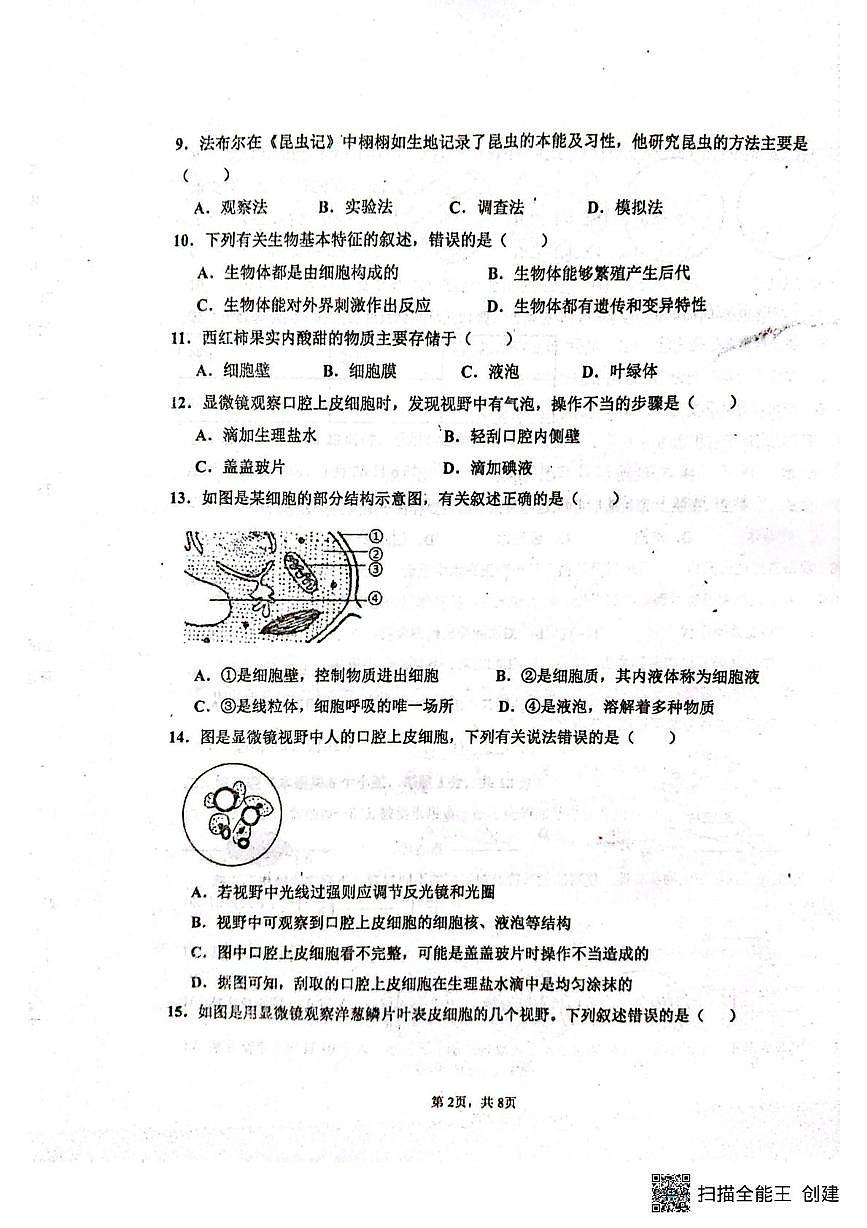 山东省聊城市阳谷县实验中学2025-2026学年七年级上学期10月月考生物试题第2页