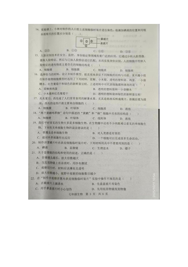 山东省济宁市金乡县2025-2026学年七年级上学期10月月考生物试卷第3页
