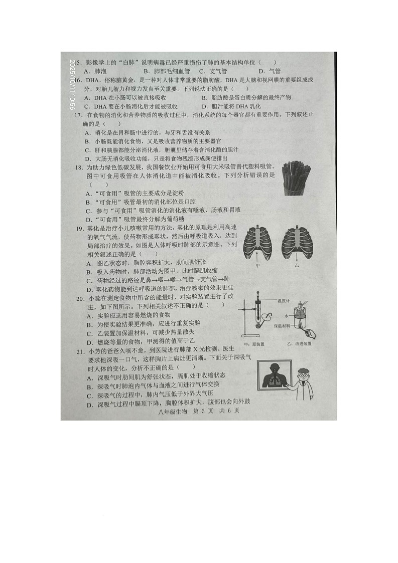 山东省金乡县2025-2026学年八年级上学期10月月考生物试卷第3页