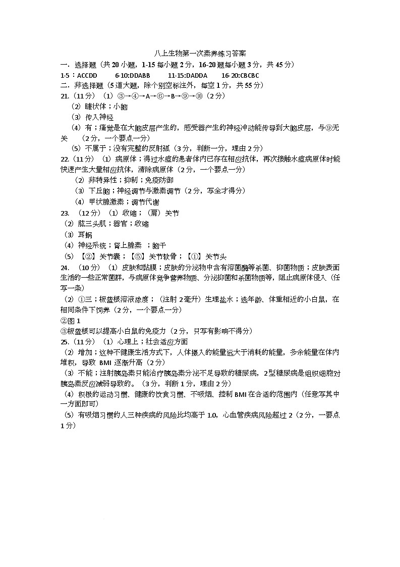 八上生物第一次素养练习评分标准第1页
