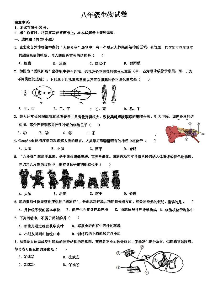 吉林省吉林市船营区桃源路中学2025-2026学年八年级上学期第一次月考生物试卷第1页