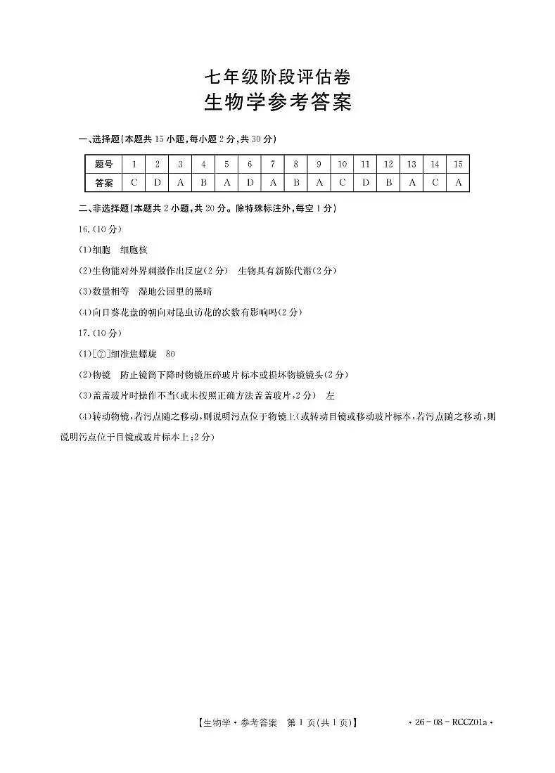 山东省枣庄市山亭区翼云中学2025-2026学年七年级上学期第一次月考生物试题 山东省枣庄市山亭区翼云中学2025-2026学年七年级上学期第一次月考生物试题答案第1页