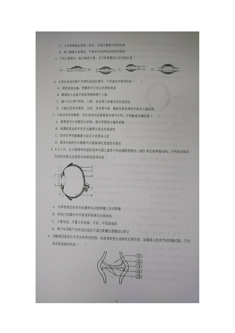 山东省青岛市胶州市洋河中学2025-2026学年八年级上学期10月月考生物试题第2页