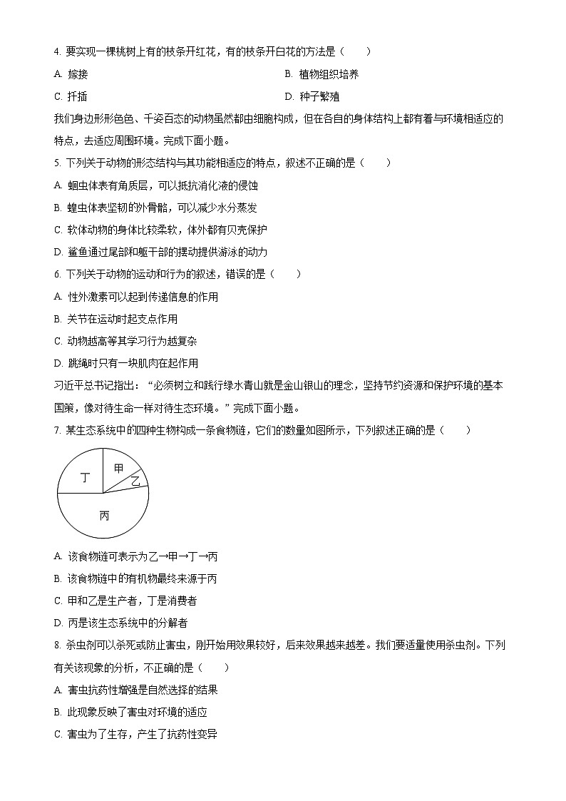 2025年湖北省荆楚名优联盟八年级中考模拟生物试题（原卷版）-A4第2页