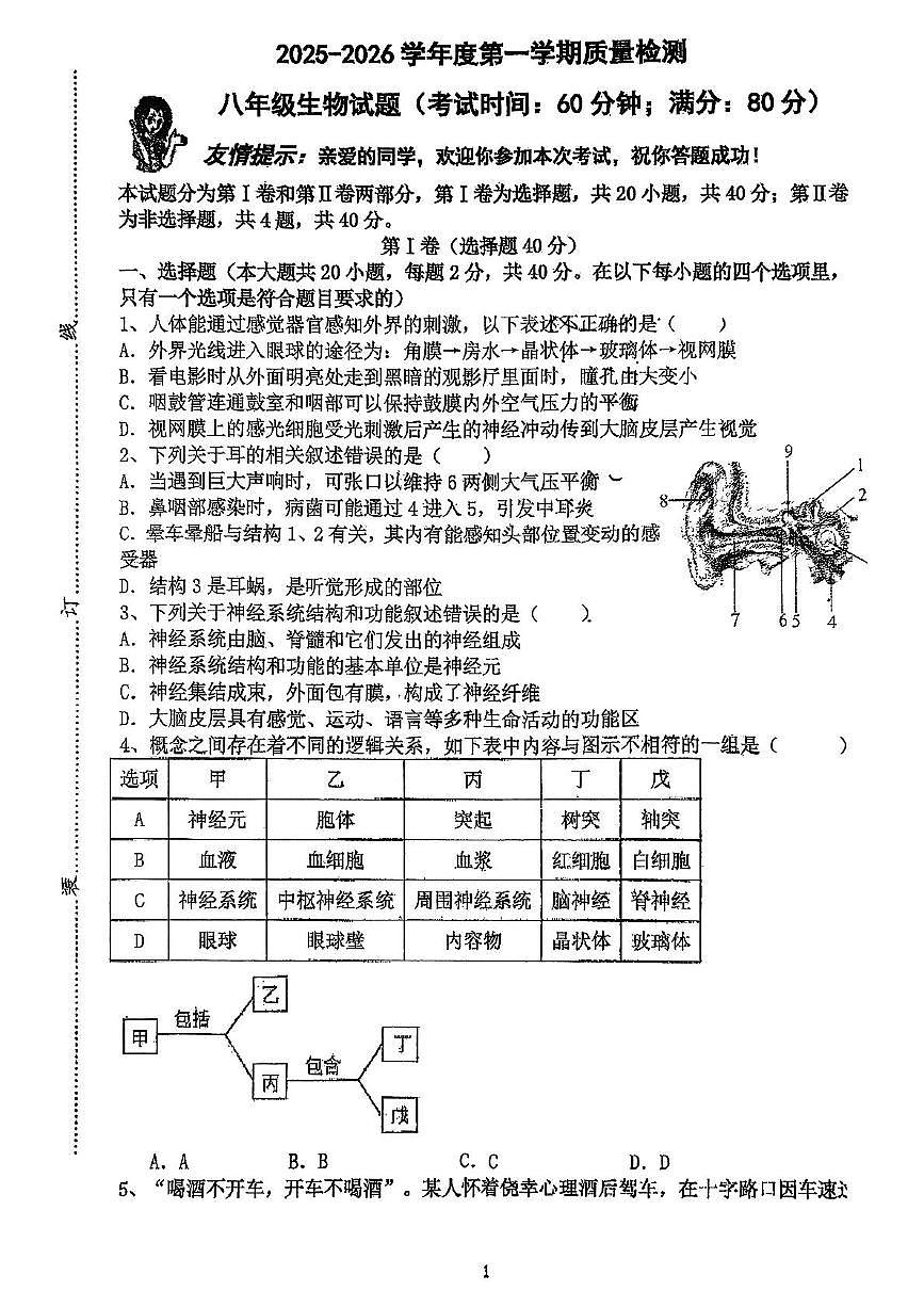 山东省青岛市实验学校2025-2026学年八年级上学期10月月考生物试题第1页