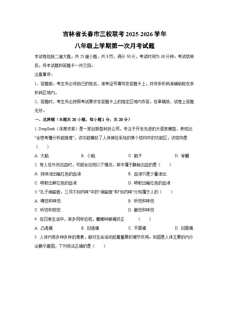 吉林省长春市三校联考2025-2026学年八年级上学期第一次月考生物试题（学生版）第1页