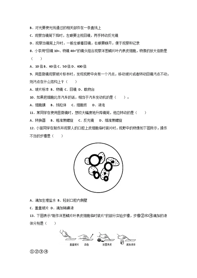人教版（2024）七年级上册生物第一单元第二章《认识细胞》测试卷（含答案解析）第2页