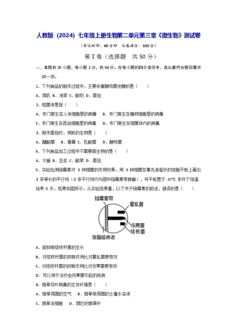 人教版（2024）七年级上册生物第二单元第三章《微生物》测试卷（含答案解析）第1页