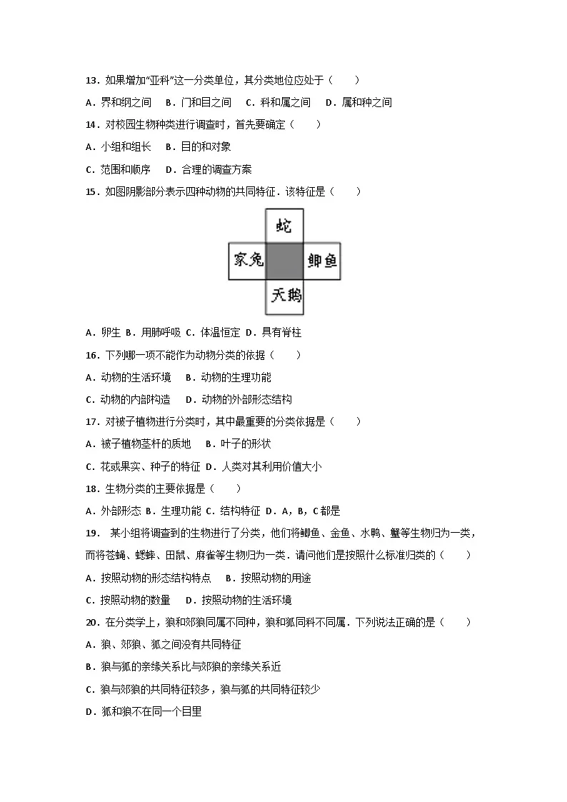 人教版（2024）七年级上册生物第二单元第四章《生物分类的方法》测试卷（含答案解析）第3页