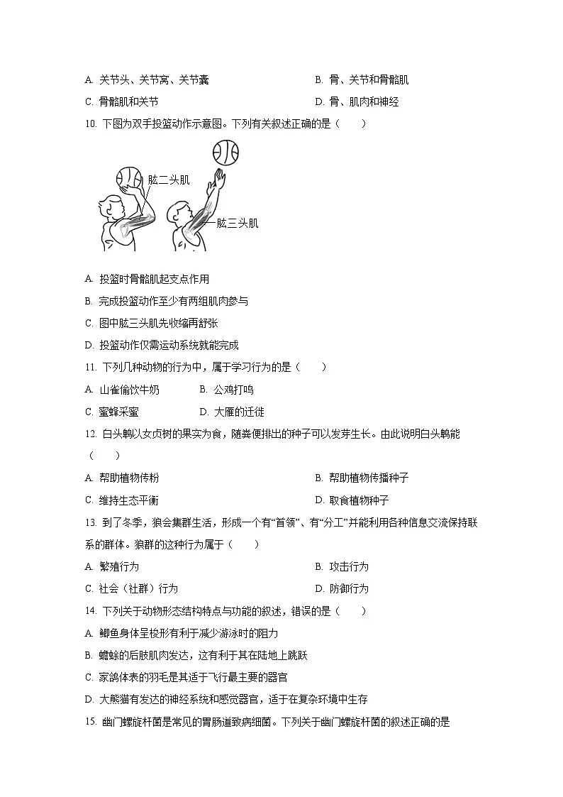 江西省上饶市广信区2024-2025学年八年级上学期期中学生物试卷（学生版）第2页