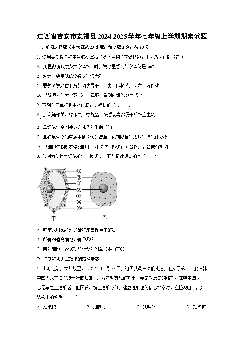 江西省吉安市安福县2024-2025学年七年级上学期期末生物试卷（学生版）第1页